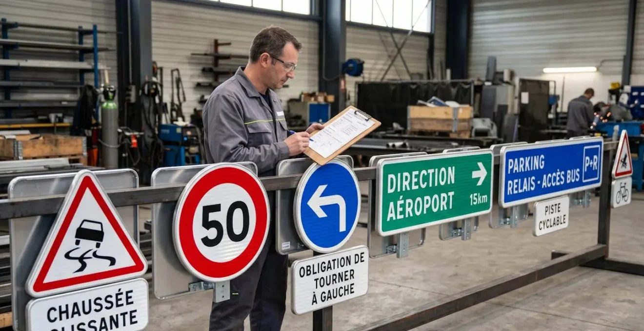 Série de panneaux de signalisation verticale français alignés horizontalement : panneau triangulaire de danger, panneaux circulaires de prescription rouge et bleu, panneaux rectangulaires d'indication et de direction, dans un atelier de fabrication